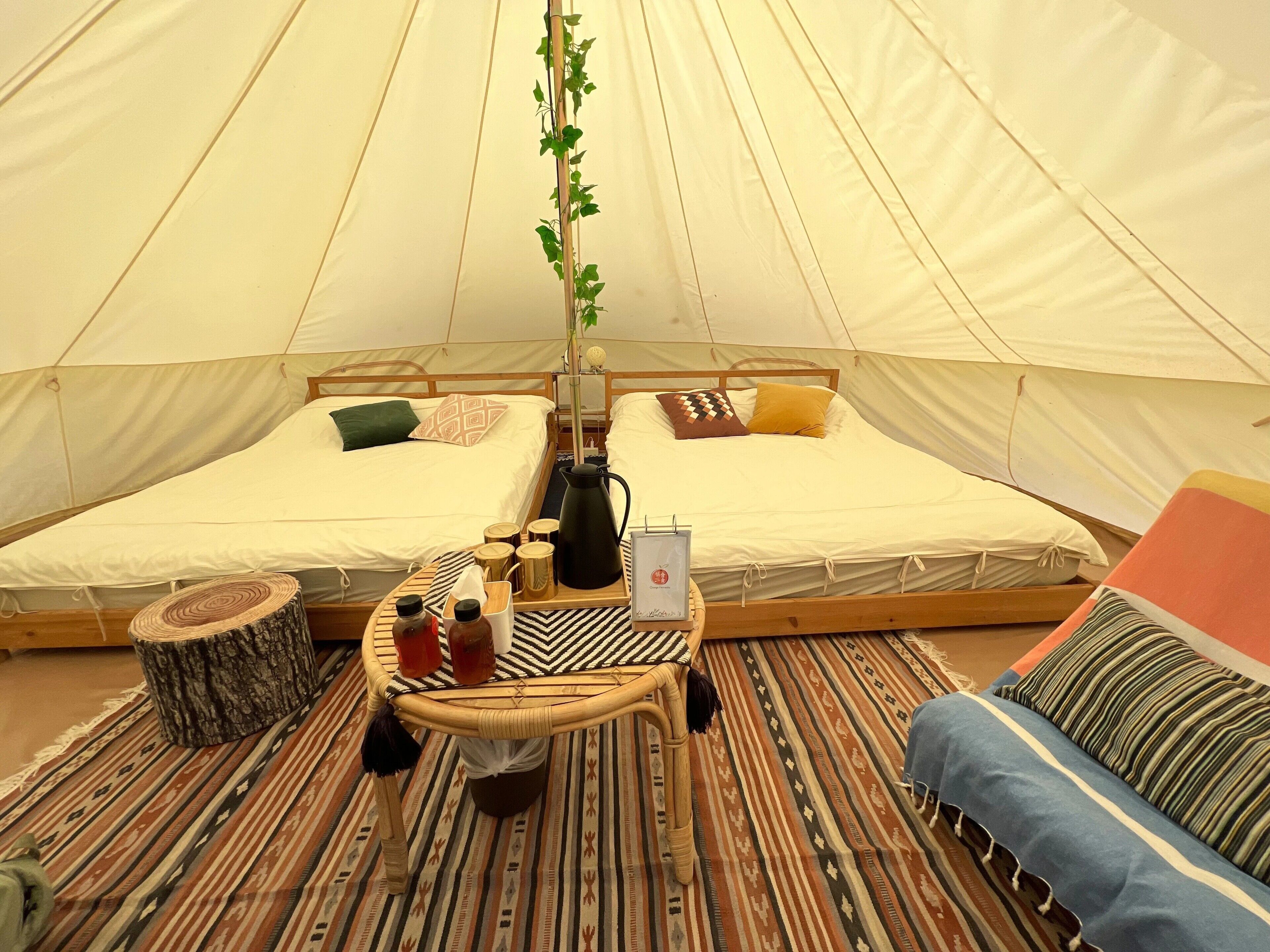 A tent with two beds, a small table with drinks and a kettle, and a hanging plant.