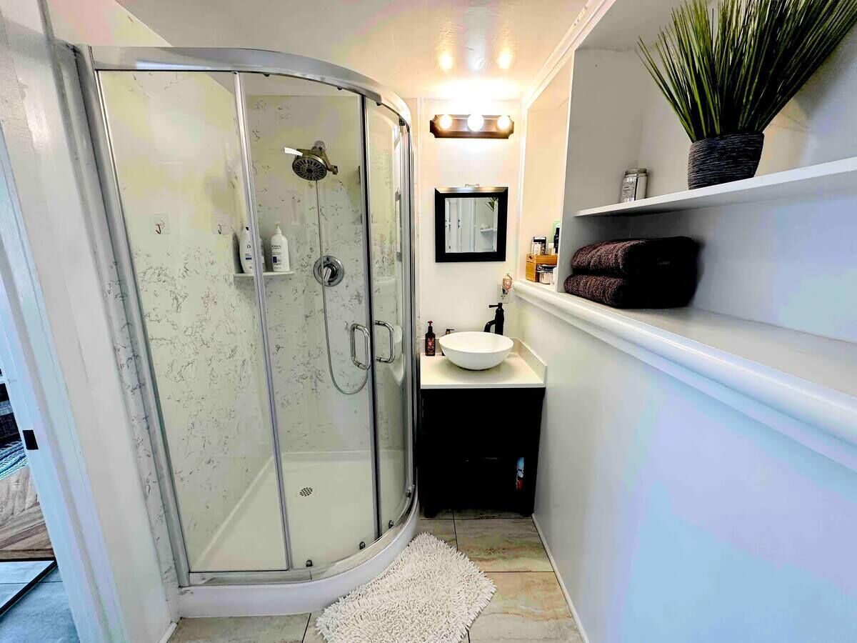 Hair dryer, towels, soap, shampoo