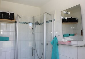 Shower, hair dryer, towels