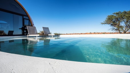 Una piscina al aire libre, sombrillas, sillones reclinables de piscina
