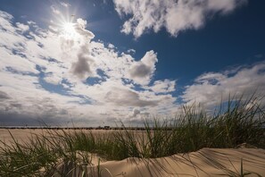 Ein Strand mit Dünen, Gras und einem teilweise bewölkten Himmel.