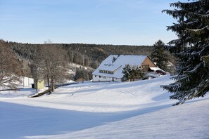 Schneebedeckte Landschaft mit einem Haus, Bäumen und blauem Himmel.