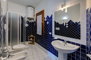 Een douche, een haardroger, een bidet, handdoeken