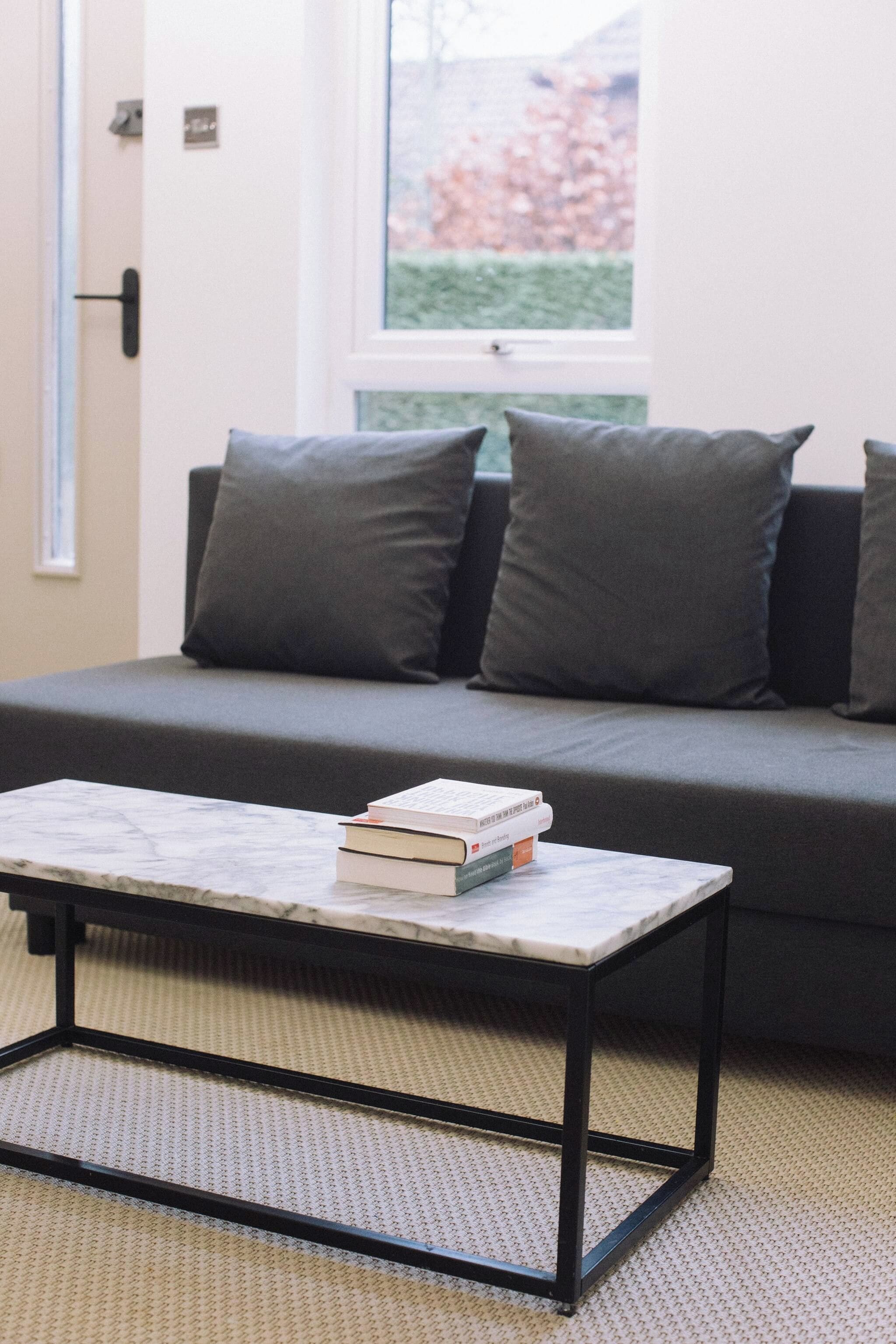 Un salon moderne avec un canapé gris, deux coussins gris et une table basse en marbre sur laquelle sont posés des livres.