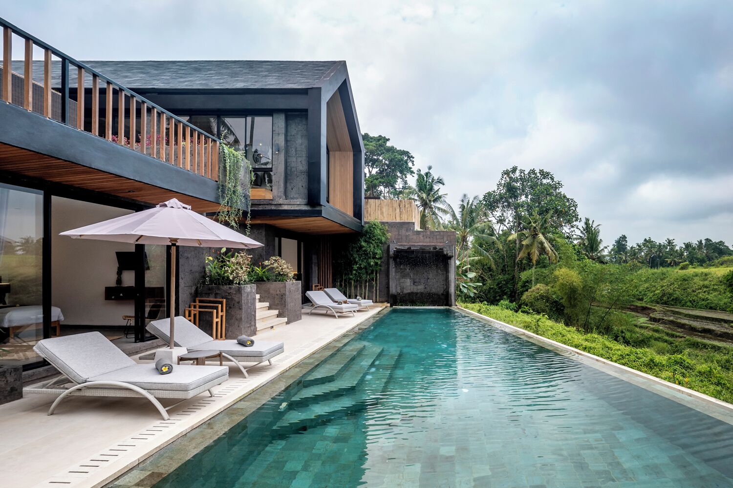 Outdoor pool, pool umbrellas, pool loungers