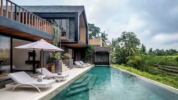 Outdoor pool, pool umbrellas, pool loungers