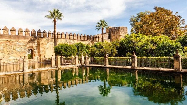 A historic stone wall with a moat, palm trees, and a clear sky. - Your Sanctuary with a View of History: Live Córdoba from the Heart of the City (Córdoba)