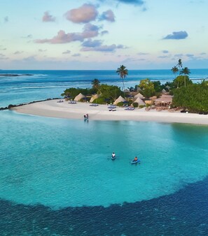 A beach resort with thatched-roof huts, a sandy beach, and clear turquoise waters. - Maverick Surf & Dive Boutique Resort - Complimentary Airport Transport for Full Board Stays of 6 Nights or More (Mundoo)