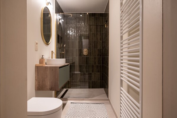 Shower, hair dryer, towels, toilet paper