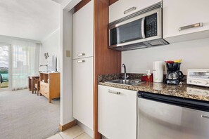 Fridge, microwave, coffee/tea maker, cookware/dishes/utensils - Condado | Beach View Balcony  | Condado Beach (San Juan)