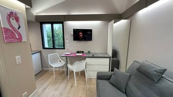 A compact living space with a grey sofa, a small desk with a TV, white chairs, and a window with a view of greenery.