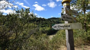 Egy fa táblából készült útbaigazító tábla, amelyen a következő települések felé vezető irányok szerepelnek: Saint-Martin, Les Nonières és Le Cheylard.