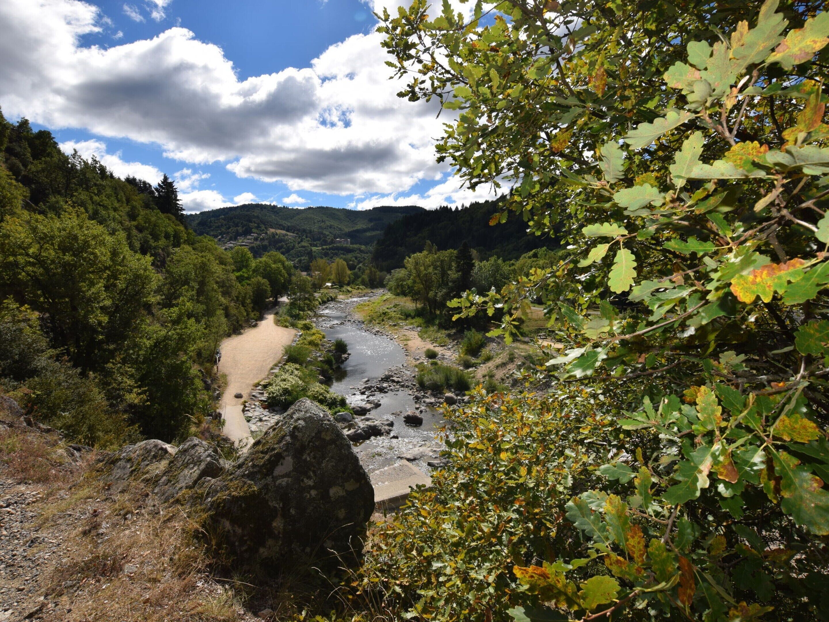 Un río serpentea por un valle boscoso con terreno rocoso y vegetación densa.