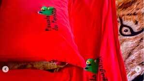 Una colcha roja con texto bordado y un diseño de loro.