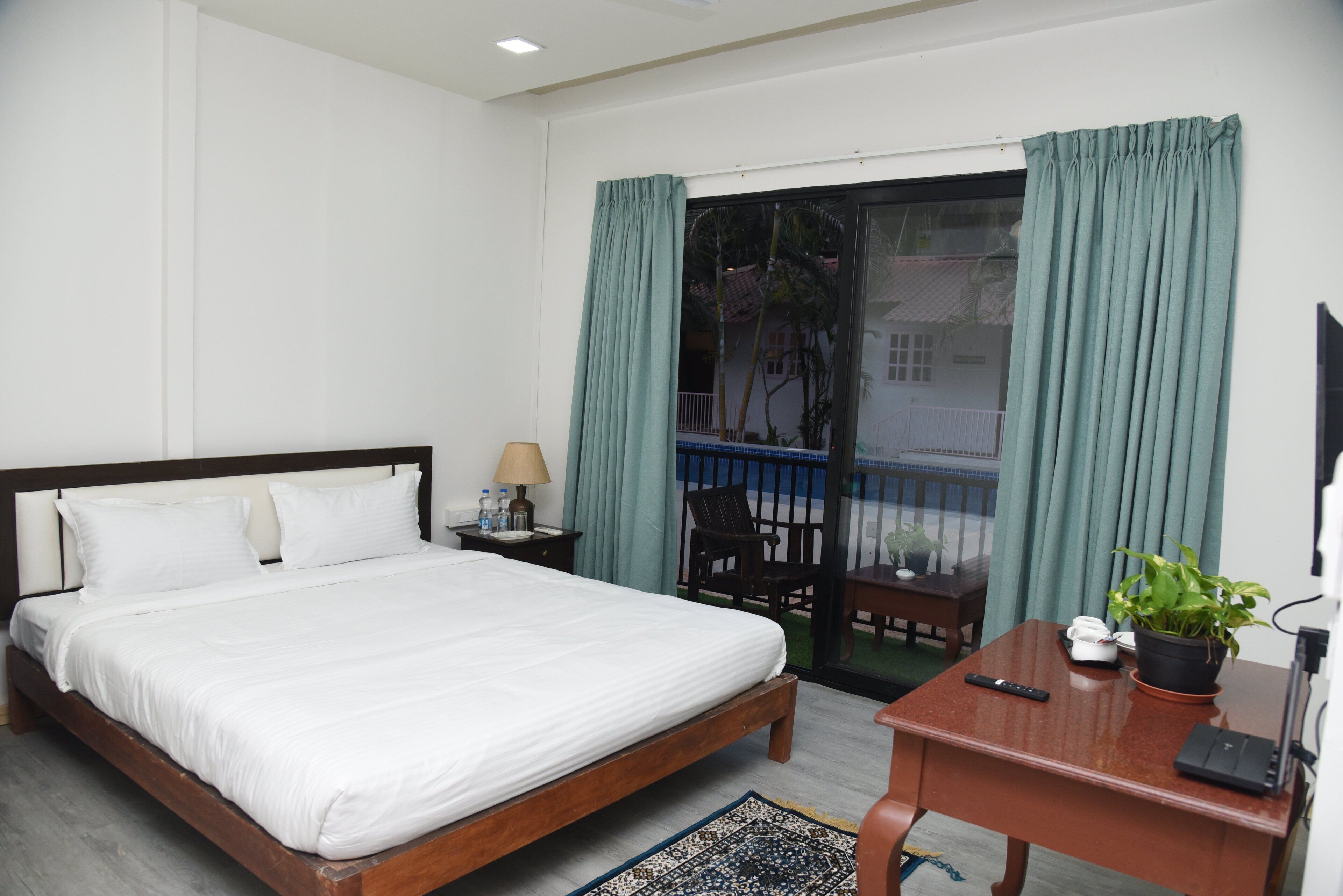 A hotel room with a bed, a desk, a chair, a potted plant, and a view through a glass door.
