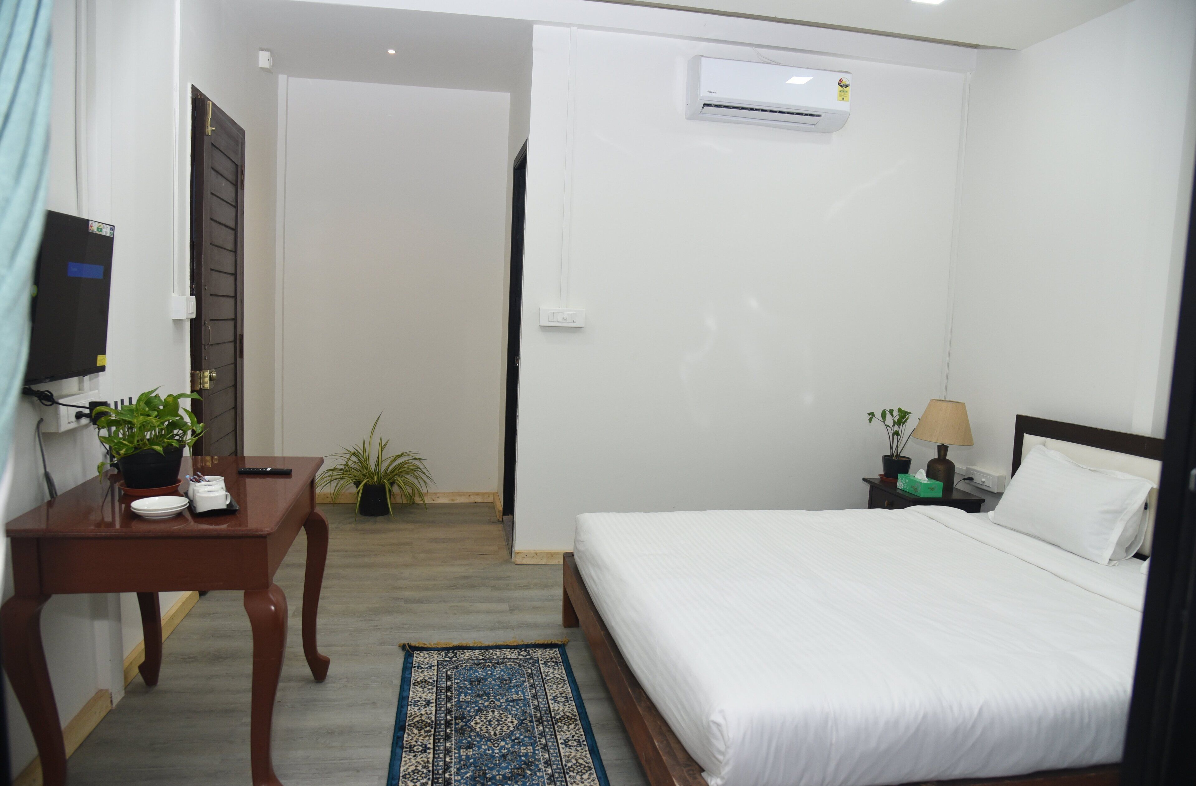 A hotel room with a bed, a desk with a plant, a small table with a plant, an air conditioning unit, and a nightstand with a lamp.