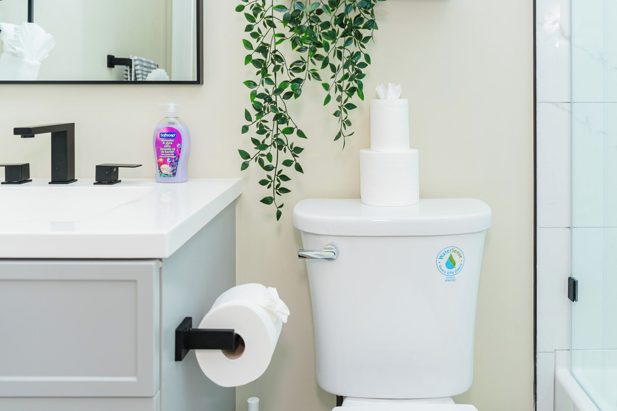A modern bathroom with a toilet, sink, and a hanging plant.