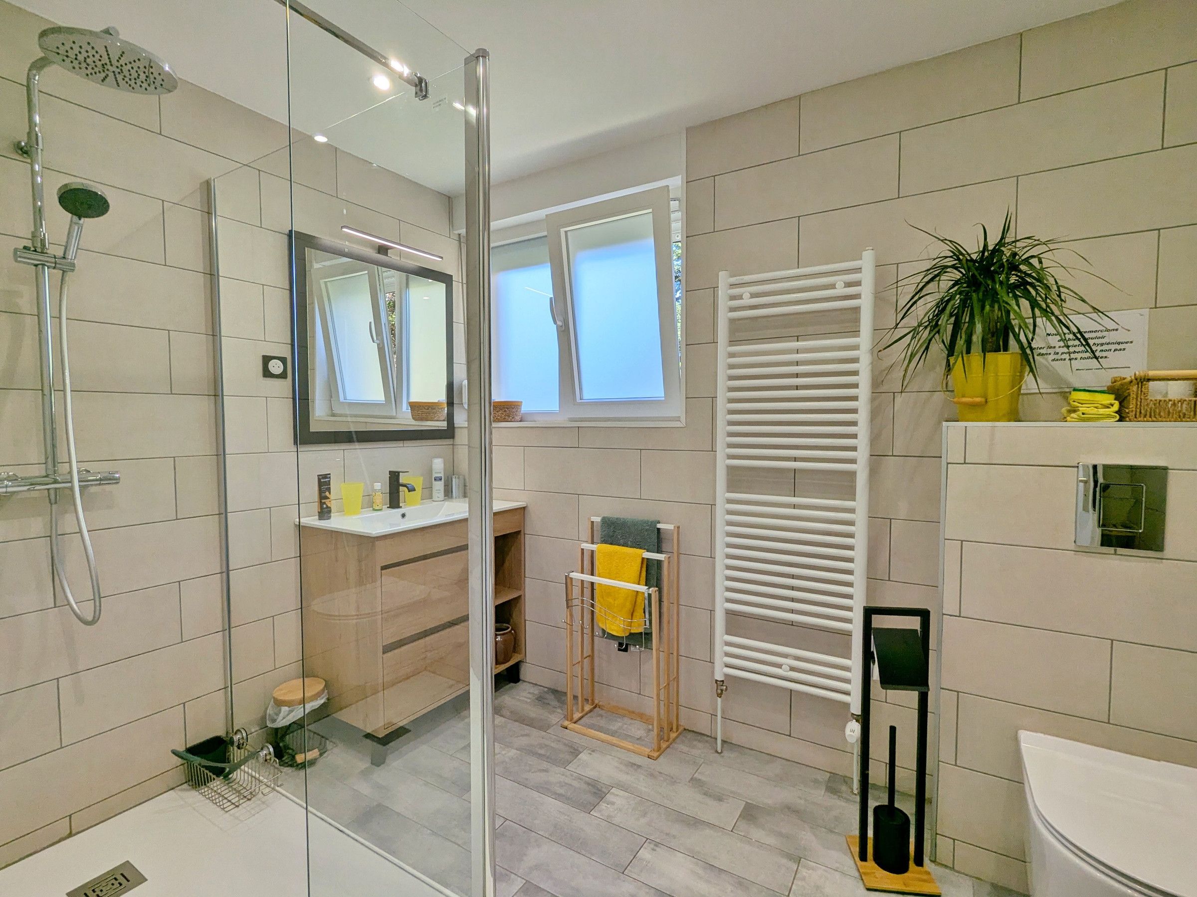 A modern bathroom with a glass shower enclosure, a white towel rack, and a potted plant.