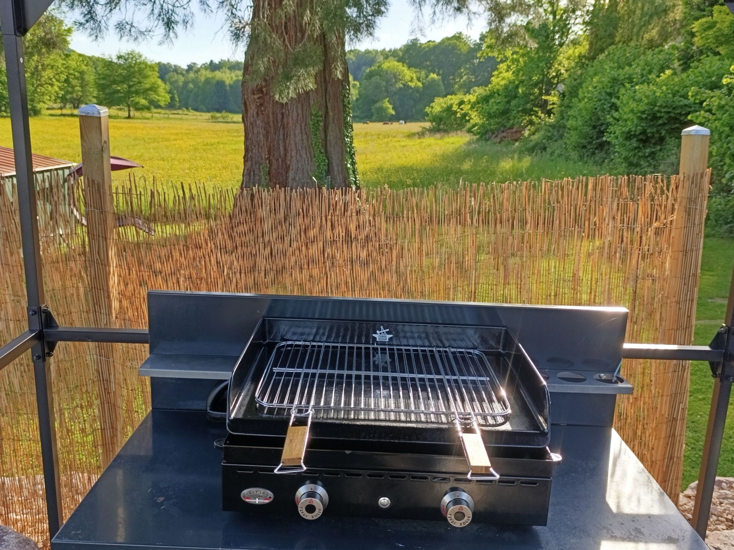 Een buitenbarbecue met een metalen rooster, twee knoppen en een zichtbaar merk.