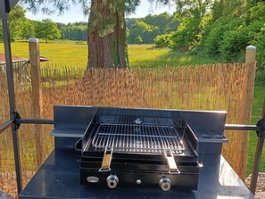 An outdoor grill with a metal grate, two knobs, and a brand name visible.