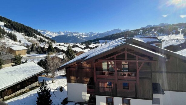 A wooden chalet with a sloped roof, surrounded by snow-covered fields and mountains in the background. - Studio Les Saisies 4 people with balcony (Hauteluce)