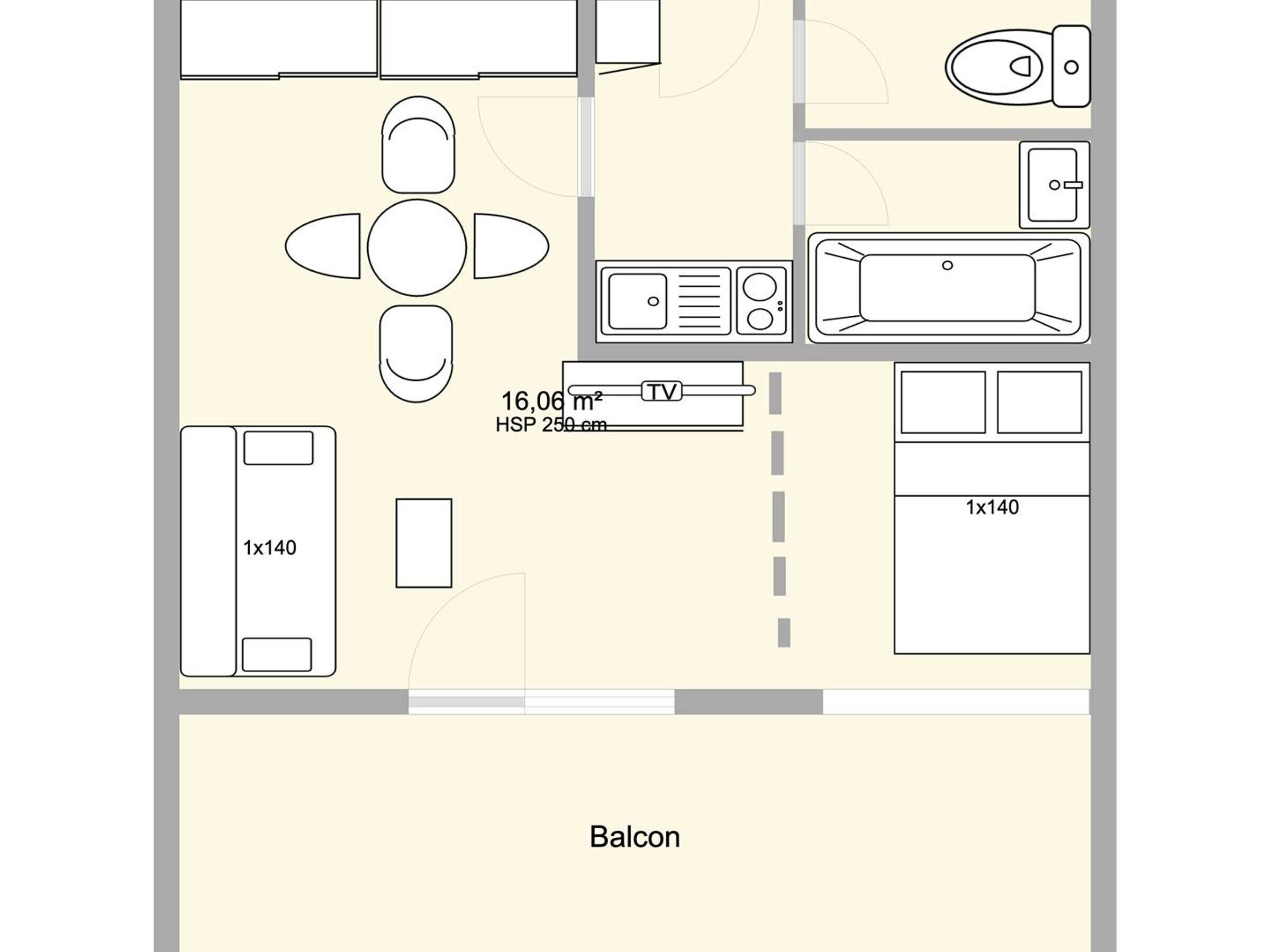 A balcony with a TV, seating area, and a hot tub.