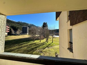 A balcony with a view of a grassy area, trees, and buildings in the background.