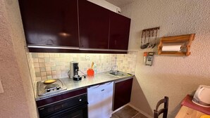 A compact kitchen with dark cabinets, a coffee maker, a sink, and a dishwasher. - Studio for 4 pers at slopes' foot with south-facing balcony, parking (Corrençon-en-Vercors)