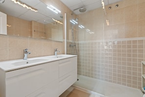 Shower, hair dryer, towels