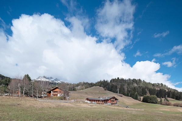 A mountain lodge with a large wooden structure, surrounded by a grassy field and a forested hill.