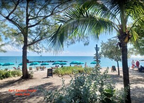 On the beach, sun-loungers, beach towels