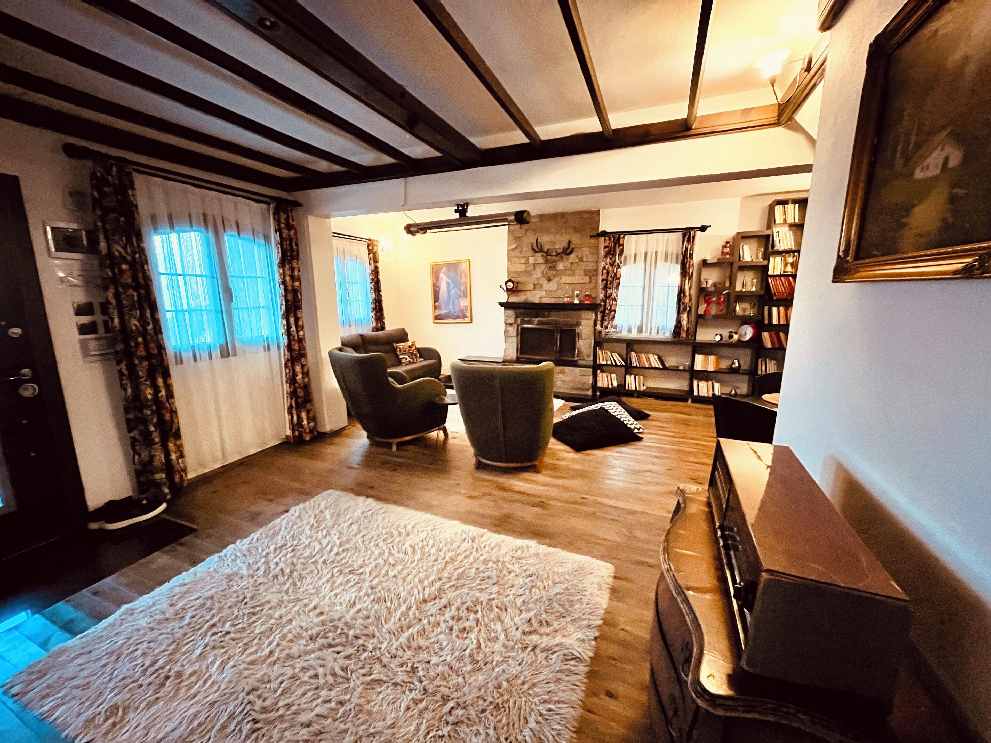 Family Villa, Private Pool, Mountain View | Living area | 43-inch flat-screen TV with digital channels, TV, fireplace