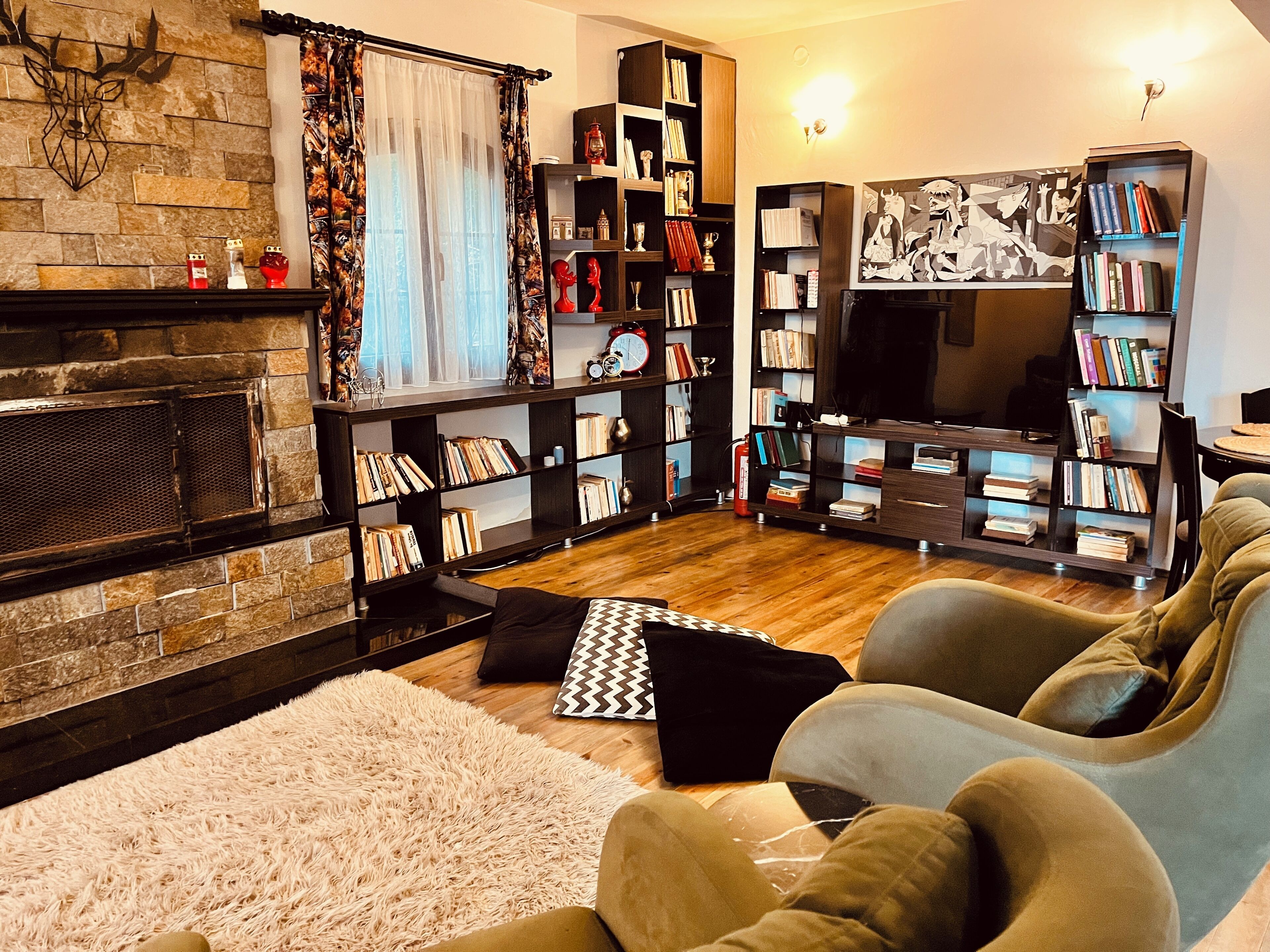 A cozy living room with a fireplace, bookshelves, a television, and comfortable seating.
