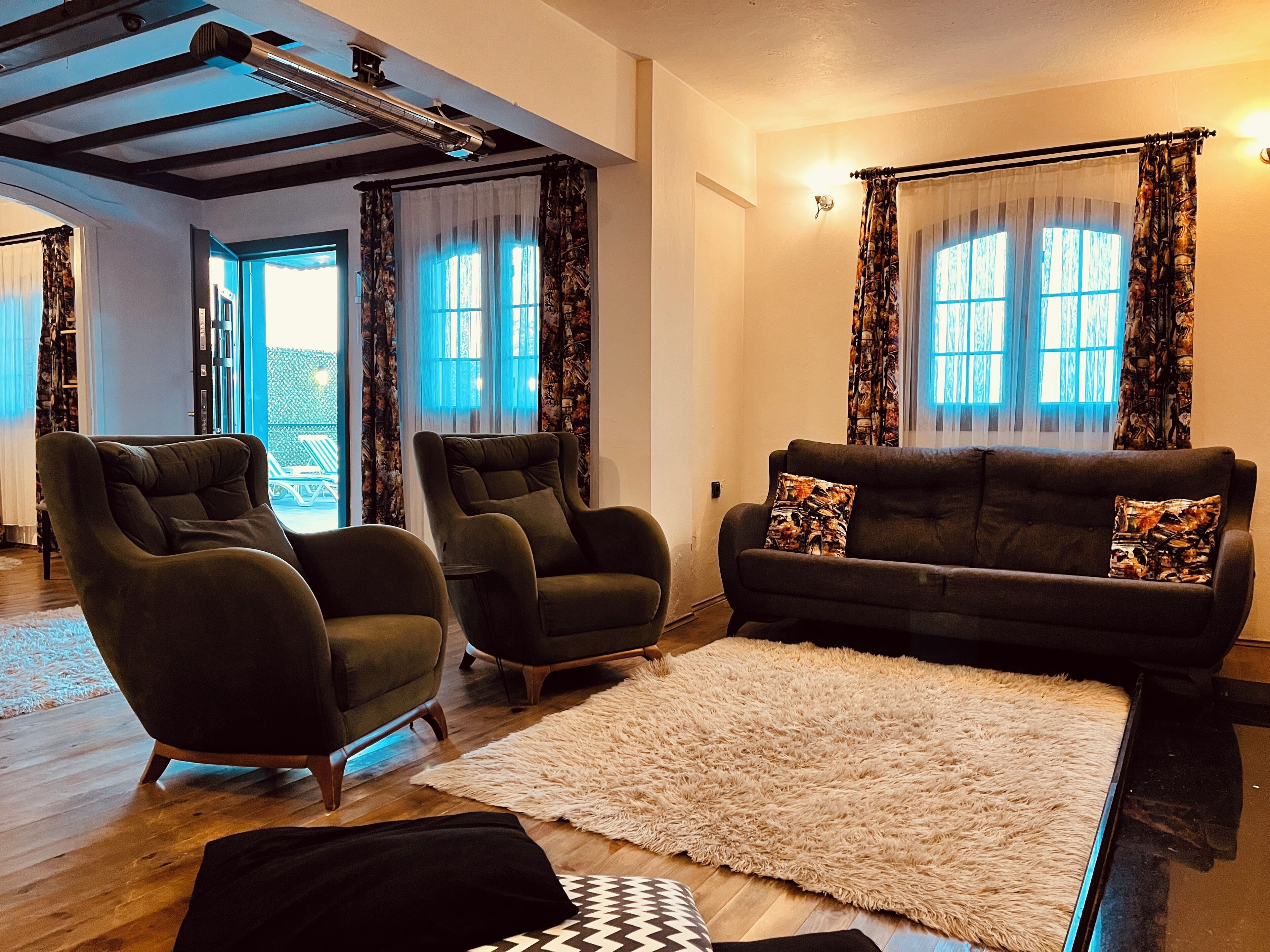 Family Villa, Private Pool, Mountain View | Living area | 43-inch flat-screen TV with digital channels, TV, fireplace