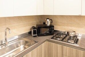 Fridge, microwave, stovetop, electric kettle