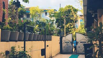A narrow corridor with a green carpet, potted plants, and a metal gate leading to a building.