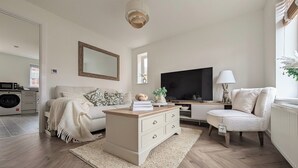 Un salon avec un canapé, une table basse, un téléviseur et un fauteuil. On aperçoit un lave-linge au fond de la pièce.