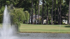 A golf course with a water fountain, a putting green, and tall trees in the background. - 501m 1 Bedroom Condo (Calabash)