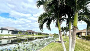 Una zona residencial con un canal, casas y palmeras.