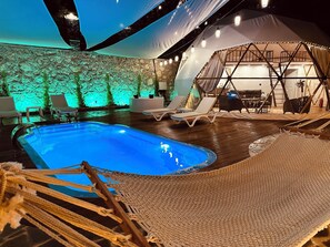 Outdoor pool, pool umbrellas, pool loungers