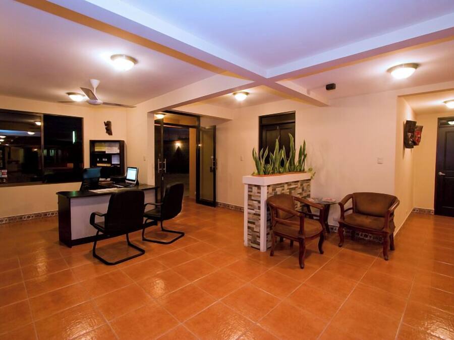 A spacious room with a desk, chairs, a small table, and a plant.