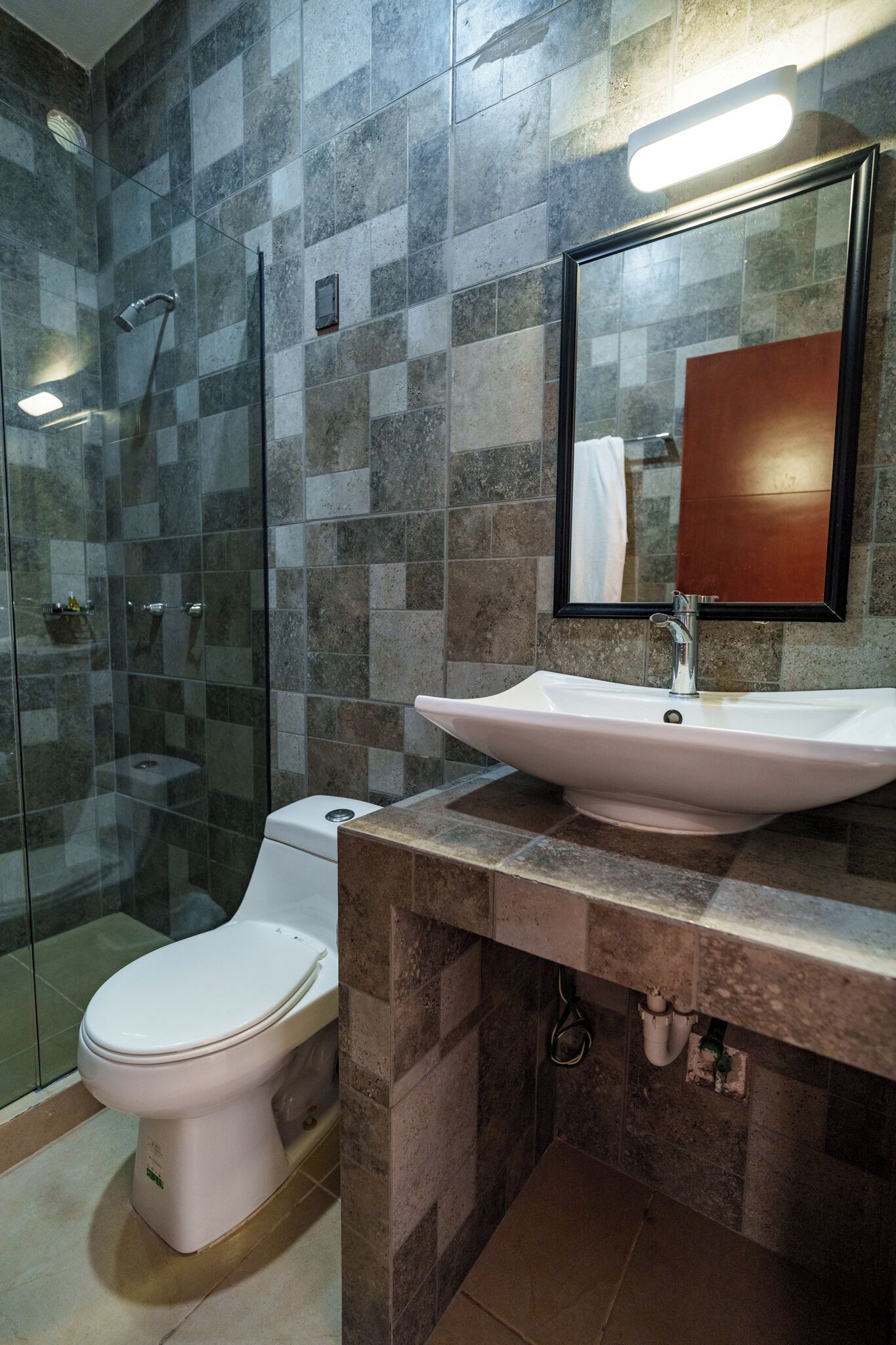 Un baño con ducha de vidrio, inodoro blanco y lavamanos con espejo.
