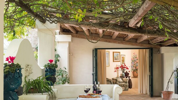Un espace extérieur aménagé avec une table pour deux, un pot de fleurs et une vue sur une pièce où l’on aperçoit un canapé et un tableau.