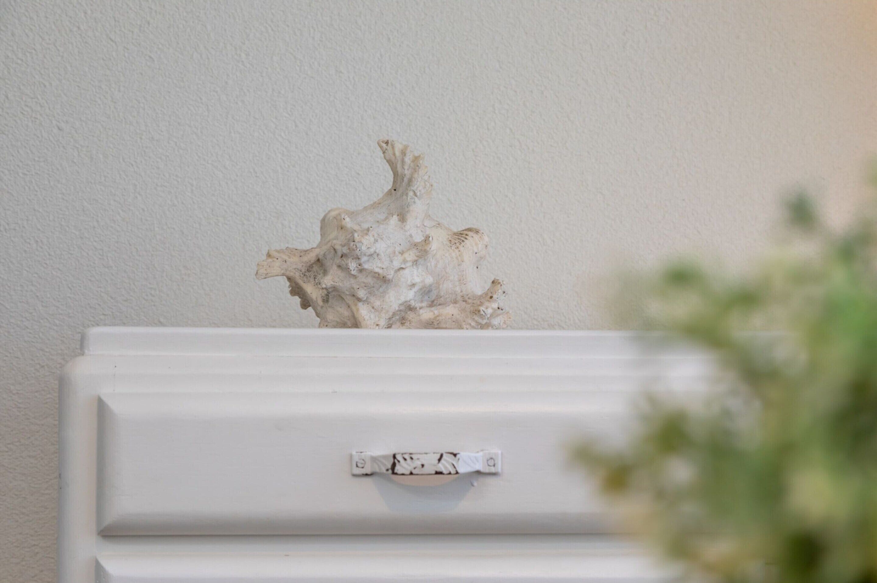 A white dresser with a decorative piece of driftwood against a plain wall.