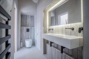 A modern bathroom with a large mirror, a white sink, and a toilet. - Wisemans House Apartment 3 - Wisemans Bridge (Saundersfoot)
