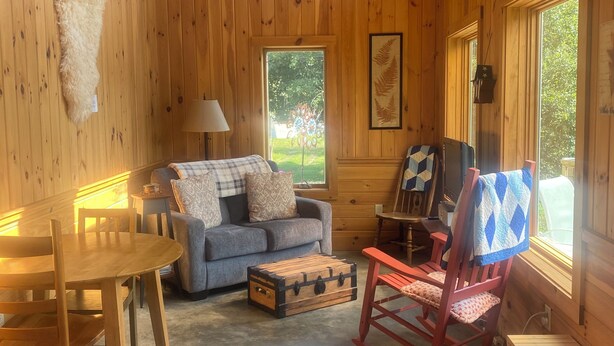 Een gezellig cabin interieur met houten wanden, een bank, een schommelstoel, een tafel en een raam met uitzicht op groen.