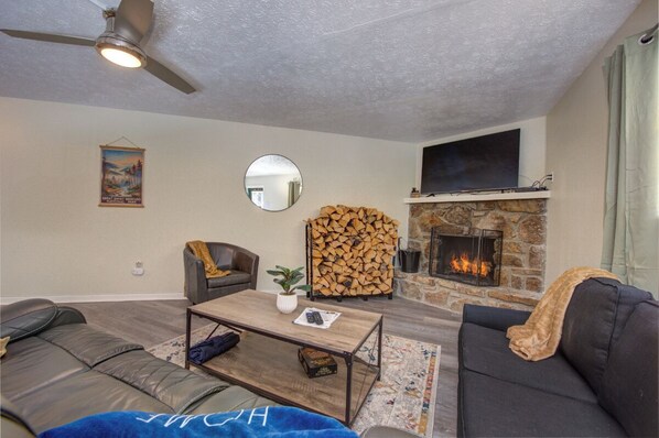 TV, fireplace
