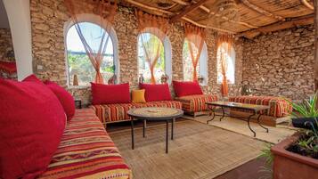 TV connectée, cheminée, lecteur de DVD, livres