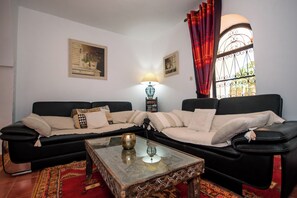 TV connectée, cheminée, lecteur de DVD, livres