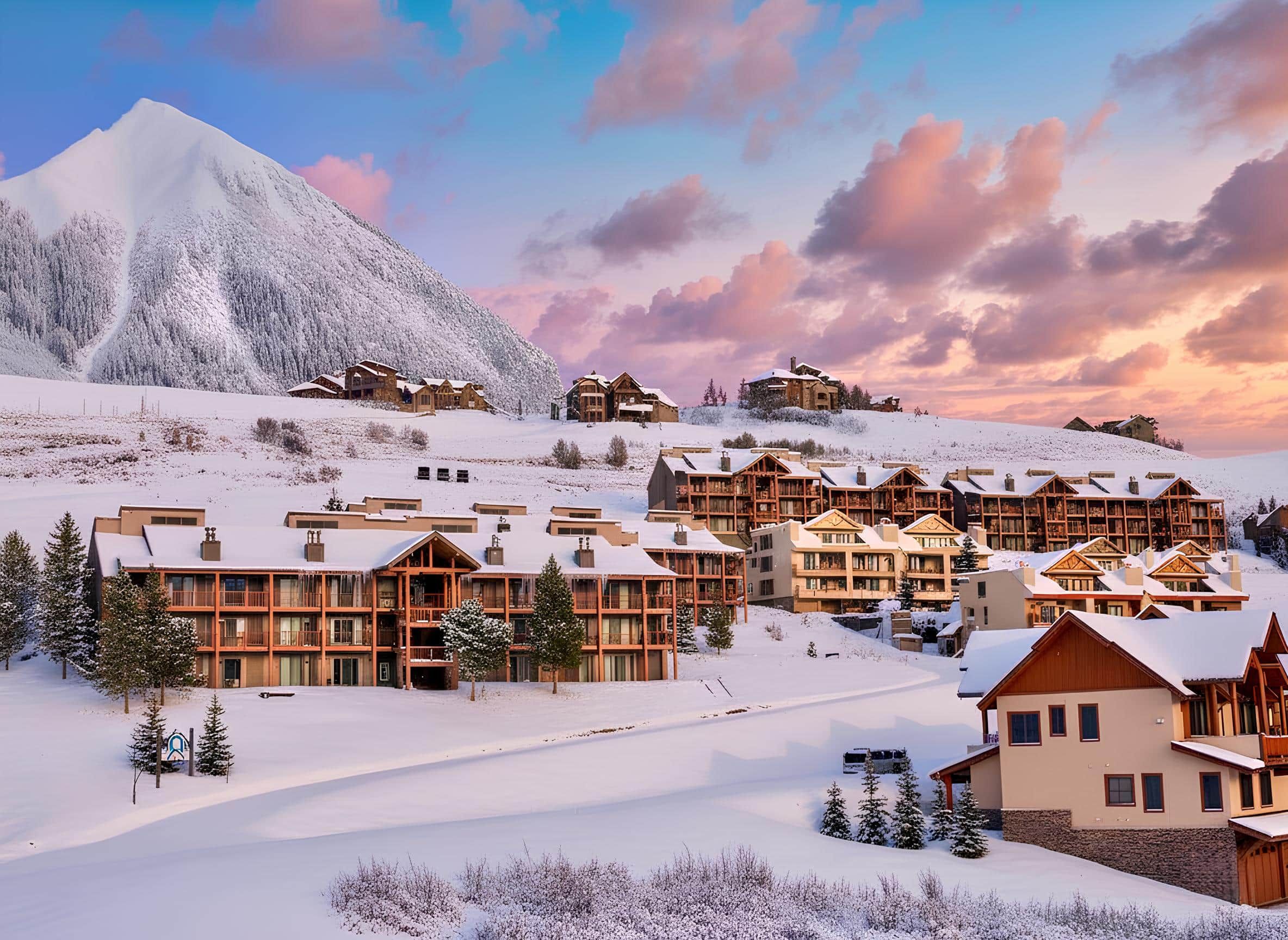 Une station de montagne enneigée, avec plusieurs bâtiments en bois, dont un grand chalet doté de balcons et un plus petit refuge.